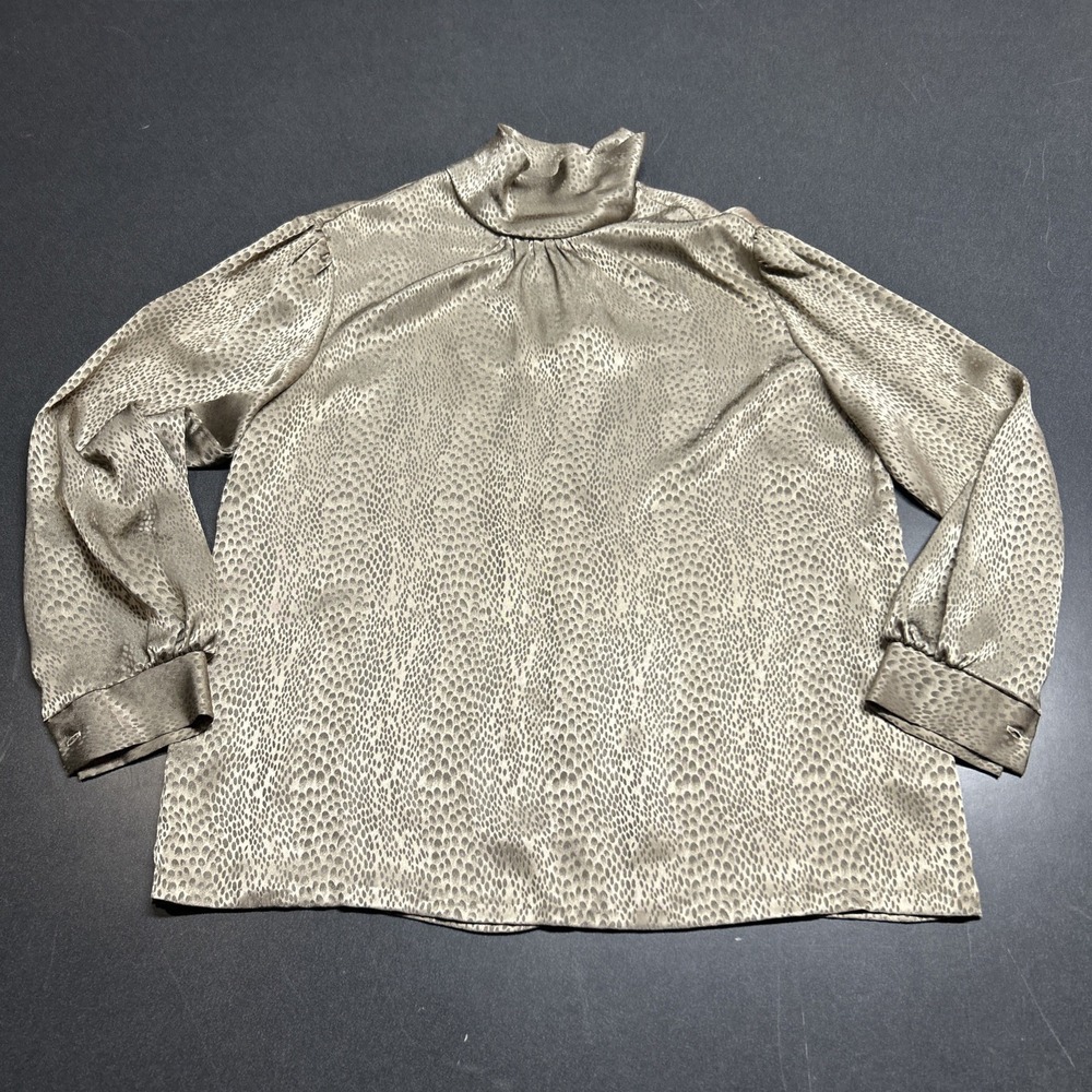 Vintage 80s Russ Blouse Women 16 Tan Leopard Print Satin Mock Neck Secretary